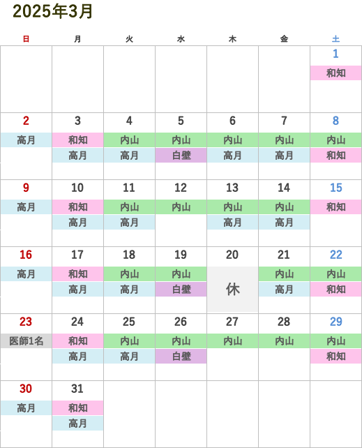 今月の医師診察スケジュール